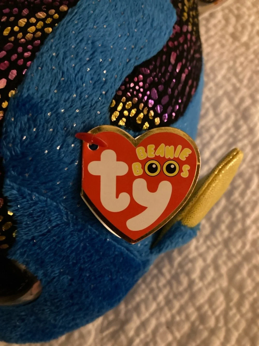 Ty Blue Plush Tropical Fish with Yellow Accents and Iridescent Scales